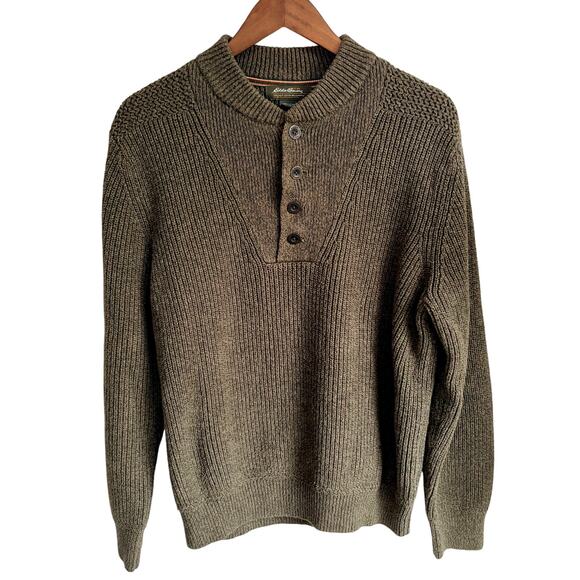 Eddie Bauer Fisherman's Olive Green Knit Sweater Men's Large Pullover Button - Picture 1 of 6